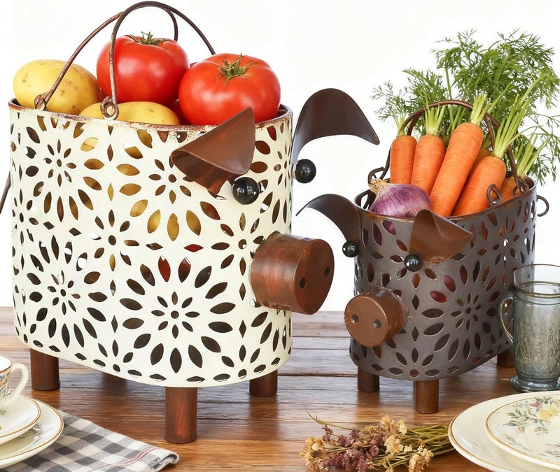 Zoreal Metal Decorative Small Baskets,Narrow Baskets with Handles for Storage,Pig Designs Farmhouse Cute Basket for Kitchen,Bathroom,Livingroom,Office Shelf Decor Aesthetic set of 2 - Image 2